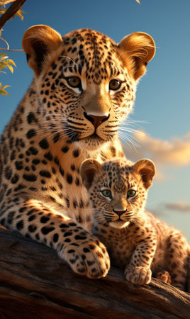 Leopard and Cub Resting on Branch AI Generatedの素材