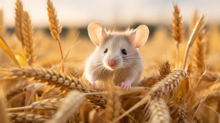 Gray Mouse in Field with Grain Spikelets AI Generatedの素材