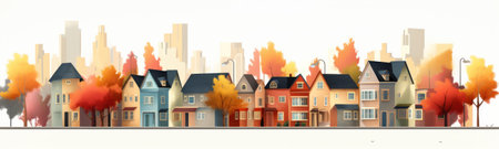 Autumn Suburb District Houses in Flat Design AI Generatedの素材