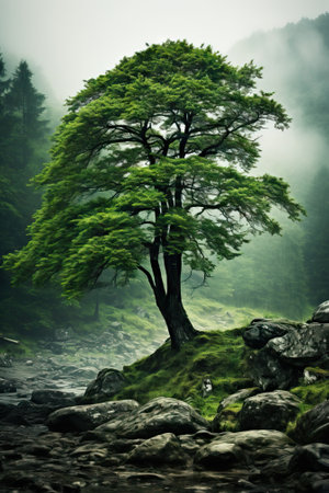 Misty Forest Landscape with Tree on the Edge AI Generatedの素材