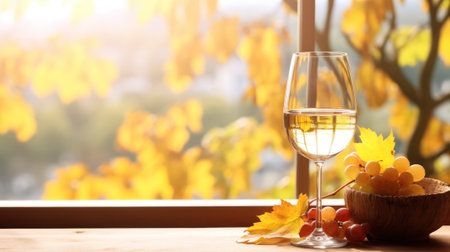 Japanese Style Autumn: White Wine Glass and Bottle AI Generatedの素材