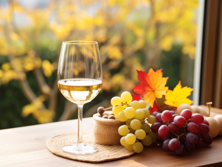 Japanese Style Autumn: White Wine Glass and Bottle AI Generatedの素材