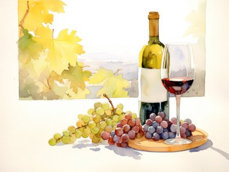 Japanese Style Autumn: White Wine Glass and Bottle AI Generatedの素材