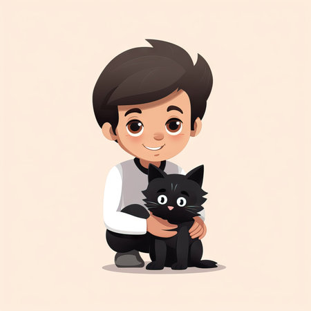 Playful Child with Cat in Flat Minimalistic Animation AI Generatedの素材