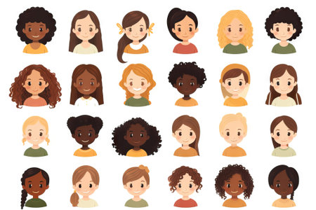 Diverse Group of Girls with Unique Skin Tones - Kids Flat Design AI Generatedの素材