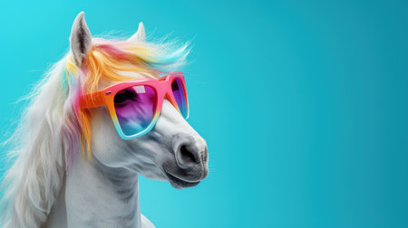 Playful White Horse Wearing Rainbow Glasses on Blue Background AI Generatedの素材