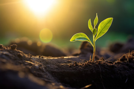 Growth and Renewal: Young Plant Sprouting with Sunlight AI Generatedの素材