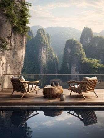 Scenic View of Two Pool Seats at Cliffs Overlooking Mountain AI Generatedの素材