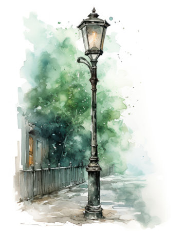 Charming Watercolor Street Lamp on a Narrow Rai Street AI Generatedの素材