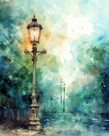 Watercolor Street Lamp at Mountain Street AI Generatedの素材