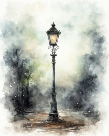 Misty Street Lamp in Rustic Setting AI Generatedの素材