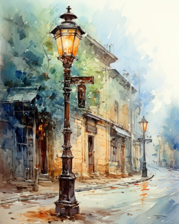 Charming Watercolor Street Lamp on a Narrow Rai Street AI Generatedの素材