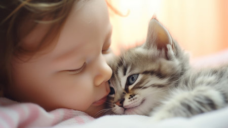 Foto de Adorable Kitten Kissing New Baby in House AI Generated - Imagen libre de derechos