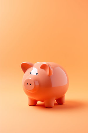 Matte Surface Piggy Bank on Solid Light Orange Background AI Generatedの素材