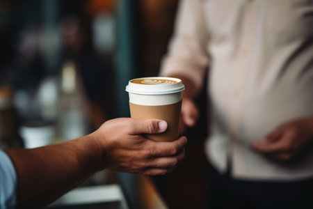 Barista's Hands Serving Latte in Paper Cup AI Generatedの素材