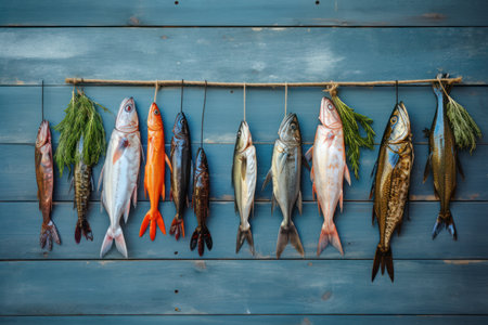 Minimal Style Seafoods on Rustic Wooden Background AI Generatedの素材