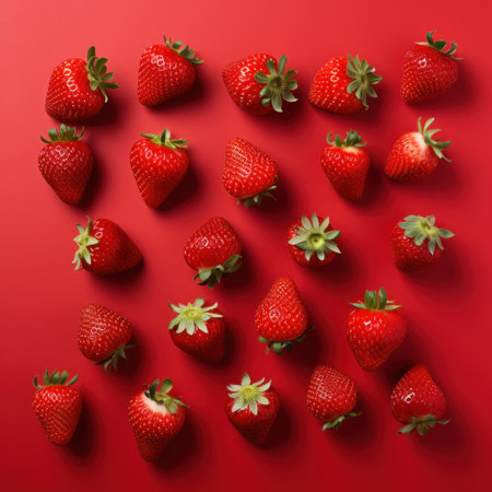 Fresh Strawberries on Red Background AI Generatedの素材