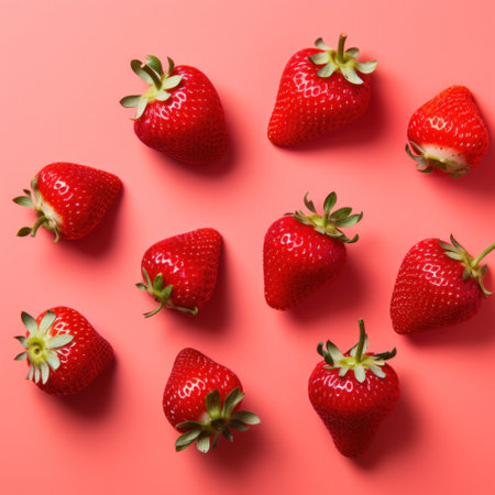 Fresh Strawberries on Red Background AI Generatedの素材