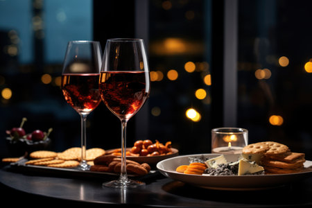 Wine Bottle and Glasses with Snacks AI Generatedの素材