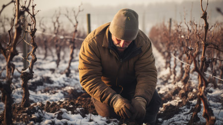 Winter Vineyard Pruning by a Farmer AI Generatedの素材