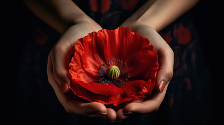 A Woman's Hands Holding a Poppy Flower AI Generatedの素材
