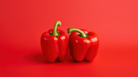 Vibrant Bell Peppers on Red Background AI Generatedの素材