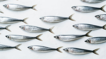 Fresh mackerel fish on a white background. Top view.の素材