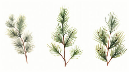 Set of Three Watercolor Minimalist Pine Branches AI Generatedの素材