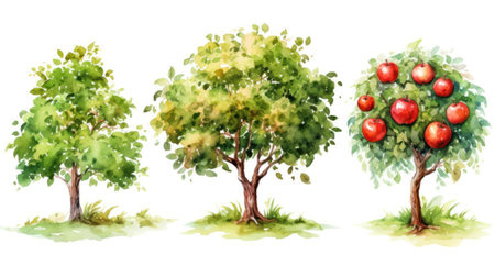 Set of Three Whimsical Watercolor Apple Tree Fruit AI Generatedの素材