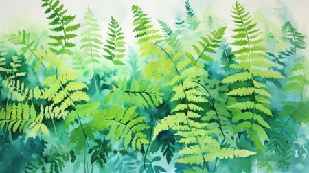 Vibrant Green Watercolor Fern in Lush Shades AI Generatedの素材