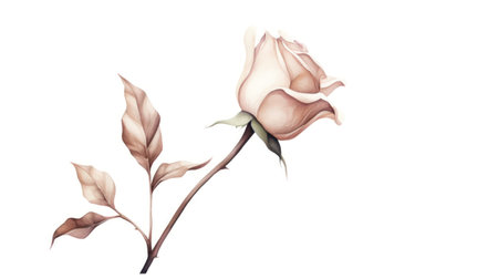 Delicate Watercolor Rose Bud Casting a Gentle Shadow on White Background AI Generatedの素材
