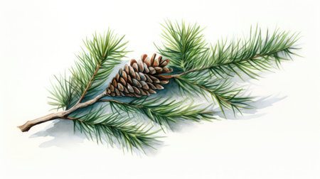 Elegant Watercolor Spruce Branch with Detailed Needles and Intricate Cone AI Generatedの素材