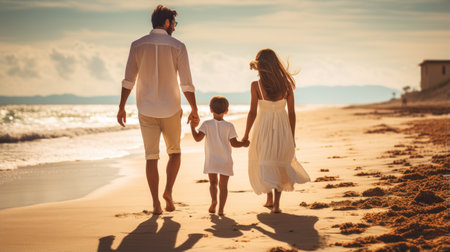 Affectionate Young Family Taking a Walk on the Beach AI Generatedの素材
