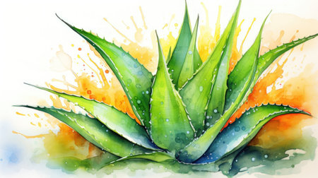 Expressive Watercolor Aloe Vera Plant Leaves AI Generatedの素材