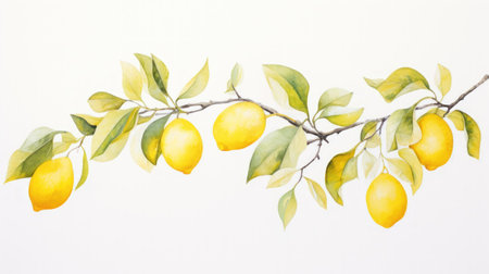 Bright and Inviting Minimalist Watercolor Lemon Tree Branch with Fruits AI Generatedの素材