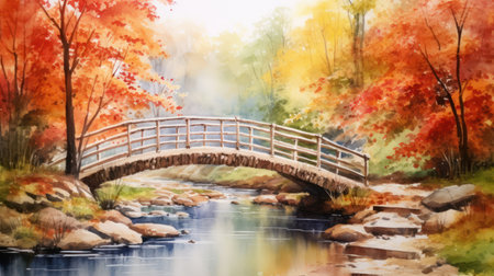 Serene Autumn Forest with Wooden Bridge and Stream AI Generatedの素材