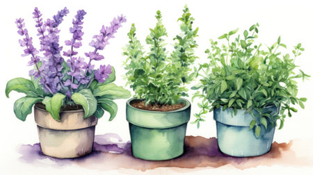 Set of Three Lush Watercolor Herb Garden Plants AI Generatedの素材