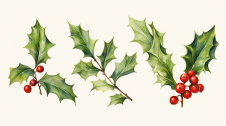 Set of Three Detailed Watercolor Holly Branches in Red AI Generatedの素材
