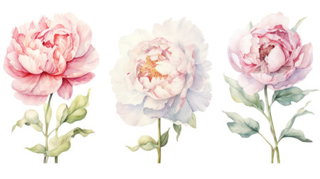 Set of Three Delicate Pastel Watercolor Peony AI Generatedの素材