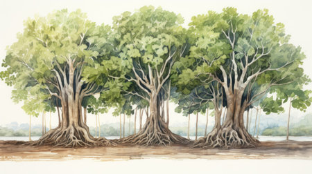 Set of Three Bold Watercolor Banyan Tree Roots AI Generatedの素材