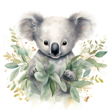 Enchanted Watercolor Baby Koala Amidst Eucalyptus Branches AI Generatedの素材