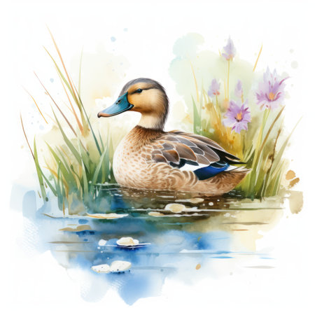 Delightful Watercolor Duck Splashing in a Pond AI Generatedの素材