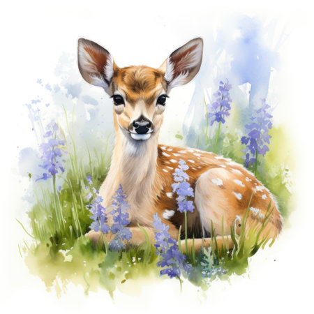 Serene Forest Clearing with Gentle Watercolor Fawn Resting Amidst Bluebells AI Generatedの素材