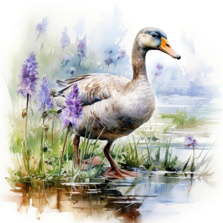 Gleeful Watercolor Goose Waddling Amongst the Blooming Irises near a Pond AI Generatedの素材