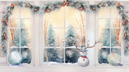 Delightful Watercolor Frosty Christmas Window with Twinkling Lights and a Festive Wreath AI Generatedの素材