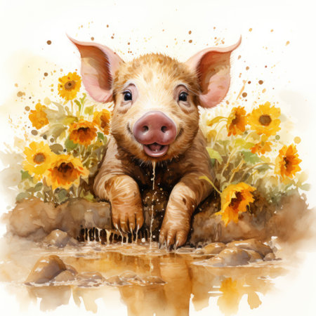 Joyful Watercolor Pig Rolling in the Mud Surrounded by Vibrant Sunflowers AI Generatedの素材