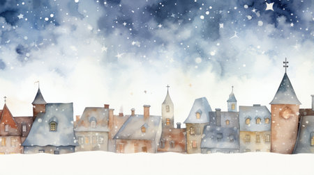 Enchanting Watercolor Snowy Rooftops with Chimneys and Twinkling Christmas Stars AI Generatedの素材