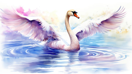 Graceful Watercolor Swan Gliding Reflection in Water on White Background AI Generatedの素材