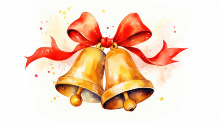 Joyous Golden Watercolor Christmas Bells with Red Ribbon Bow on White Background AI Generatedの素材