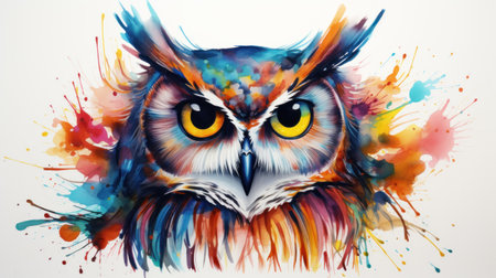 Expressive Watercolor Owl with Wide Eyes and Ruffled Feathers on White Background AI Generatedの素材
